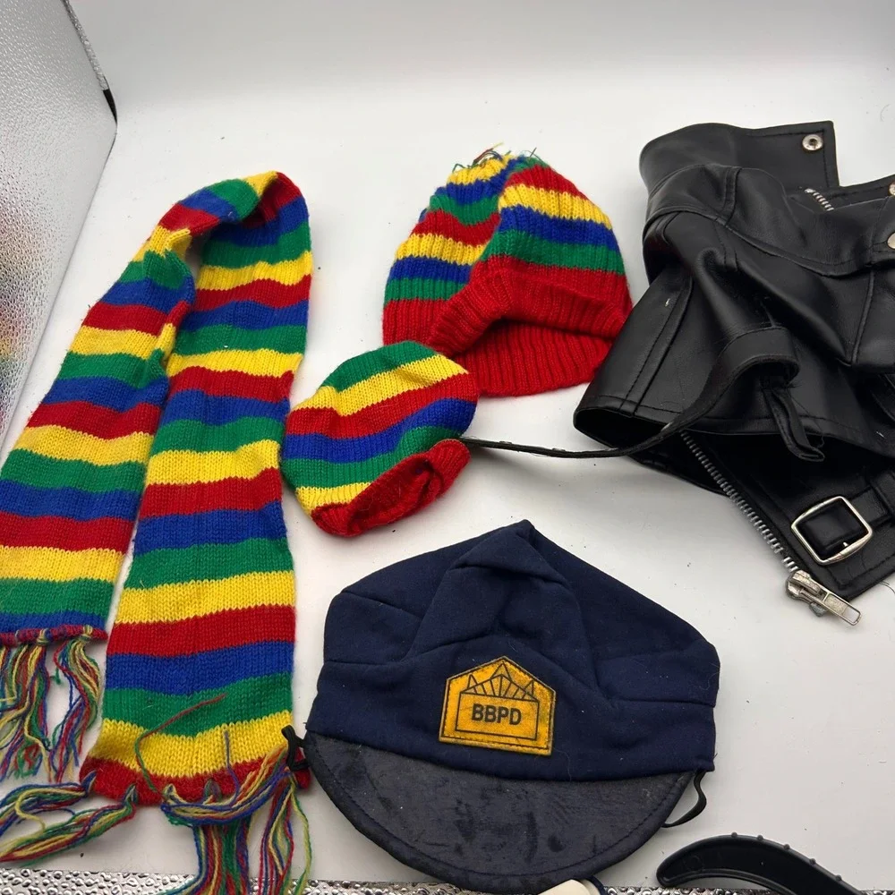 Vtg build a bear Accessory Lot Biker Jacket BBPD Police Hat Rainbow Scarf Bean